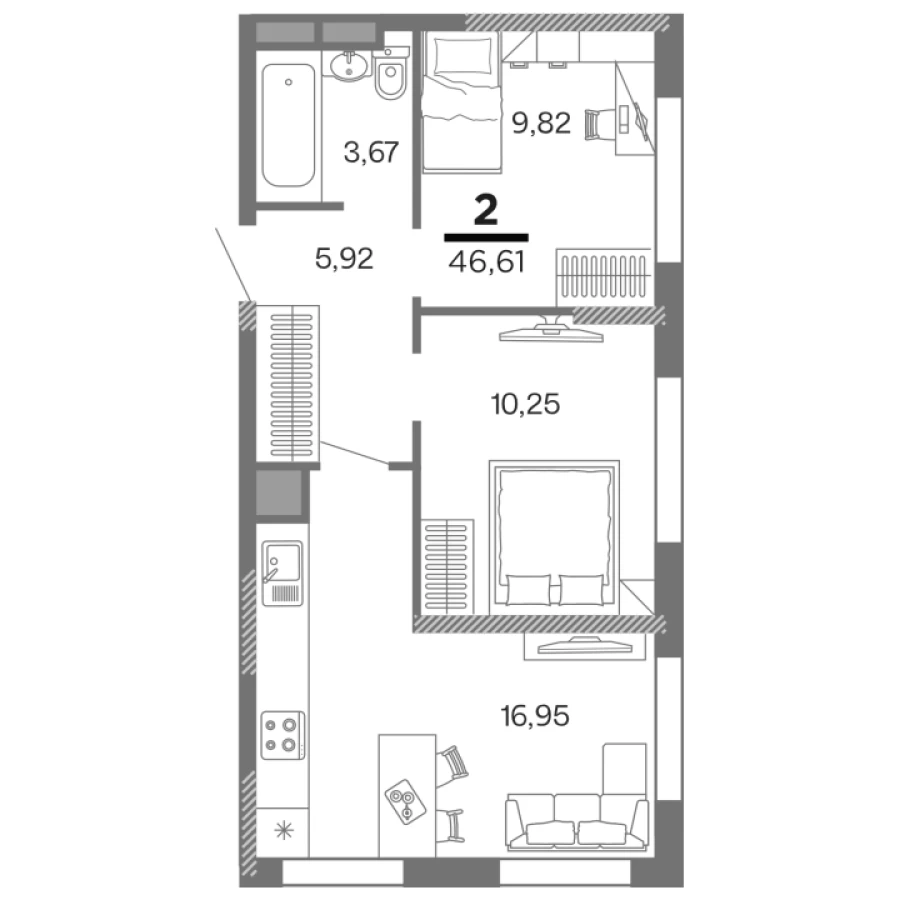 2-ая квартира площадью 46.41 м2 в современном ЖК с благоустроенной территорией
